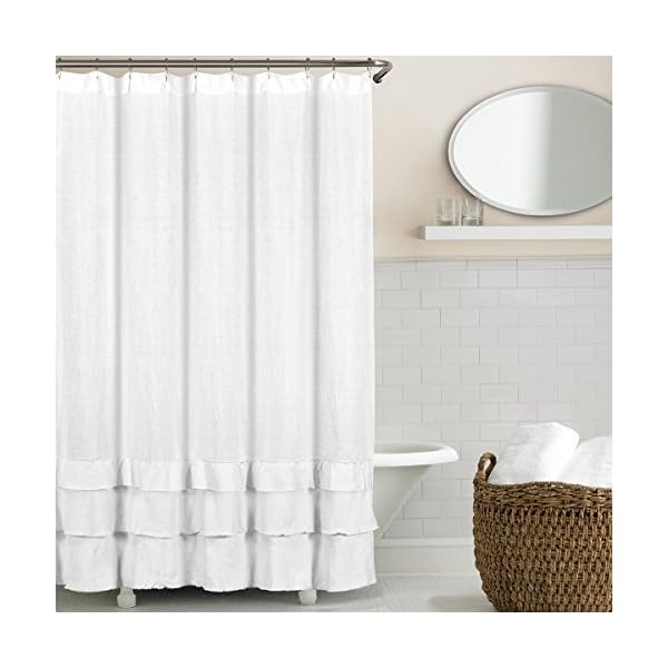 Echelon Home Ruffled Washed Belgian Linen Shower Curtain, White The