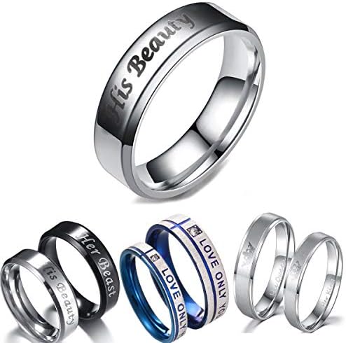 Beast Beauty Engraved Couple Rings His Her Promise Couple Rings Gift Girlfriend Boyfriend Birthday Black Silver Titanium Steel