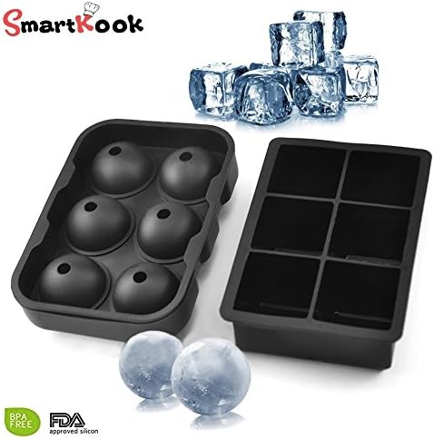 Silicone Ice Cube Trays Combo (Set of 2), Sphere Ice Ball Maker with Lid &amp; Large Square Molds, Reusable &amp; BPA Free