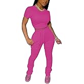 PINSV Women's 2 Piece Outfits Bodycon Lounge Wear Crop Top Stacked Pants Going Out Jogging Tracksuit Sets