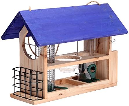 Outside Fun Charming Cedar Wood Deluxe Blue- Bird House Feeder with Multi Perch and Feeding Compartments