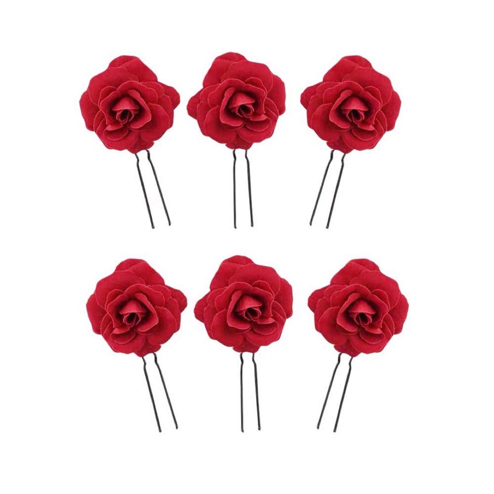 Qinuseaks 6-Piece Floral Hair Clips - Red Rose Flower Hairpins for Party, Wedding & Bridal Accessory