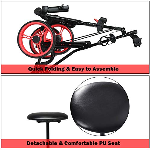 Red 3-Wheel Foldable Push Pull Club Trolley Golf Cart Bag Scoreboard w/Seat with Ebook - Thumbnail 6