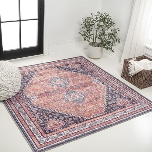 JONATHAN Y Machine Washable Square Area Rug 5X5 Terracotta/Navy, Dalyan Geometr…