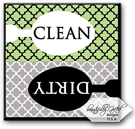 Dishwasher Magnet Clean Dirty Sign - Cute Quatrefoil Classy Moroccan Trellis Design - Home or Office Organization Tool - Green Black Grey - 2.5 x 2.5 - Gag Gift Idea or Christmas Stocking Stuffers