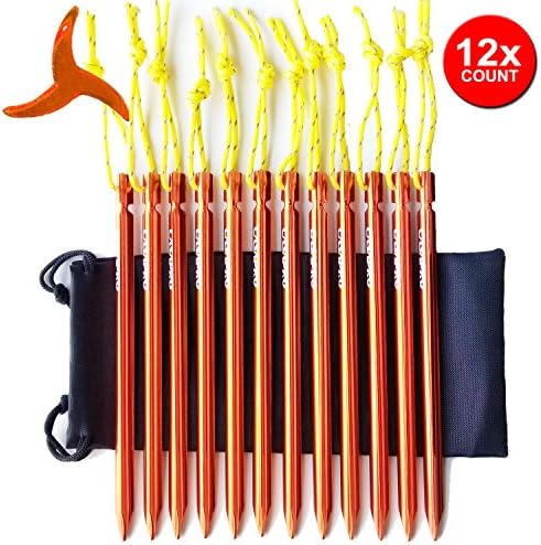 12Pack Aluminum Tent Stakes - Unique Propeller Shape, 7075 Aluminum, 0.5oz Ultralight With Reflective Pulling Cord, Including Black Nylon Bag (Orange, Pack of 12)