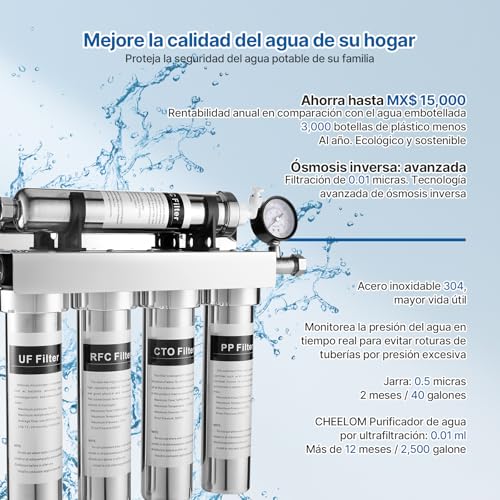 Purificador de Filtro agua 5 Etapas Acero Inoxidable 304, Filtro de Agua para Casa, Osmosis Inversa, Ultrafiltración de 0.01 μm, Elimina el 99% de los Contaminantes, con Manómetro