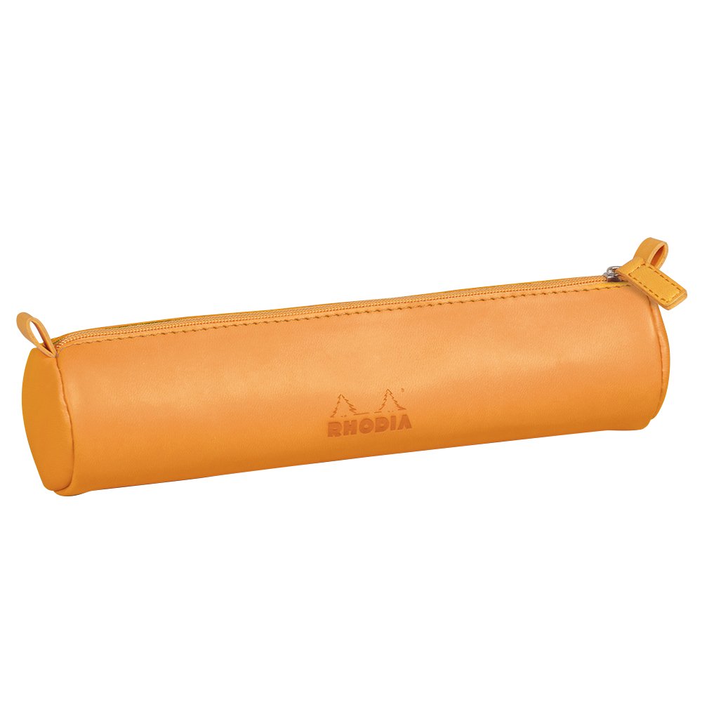 RHODIA 318890C - Orange Rhodiarama Round Pencil Case - 21.5 x 5.5 cm - Genuine Orange Stitching - Ivory Jersey Interior - Faux Leather - Storage for Pens, Pencils, Markers, Small Supplies