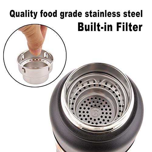 MEMX Stainless Steel Vacuum Insulated Water Bottle, 17 Ounce Sports Thermos Flask, Built-in Filter Thermo Mug, Keeps Hot or Cold with Double Wall Insulated Sweat Proof Design, Black.