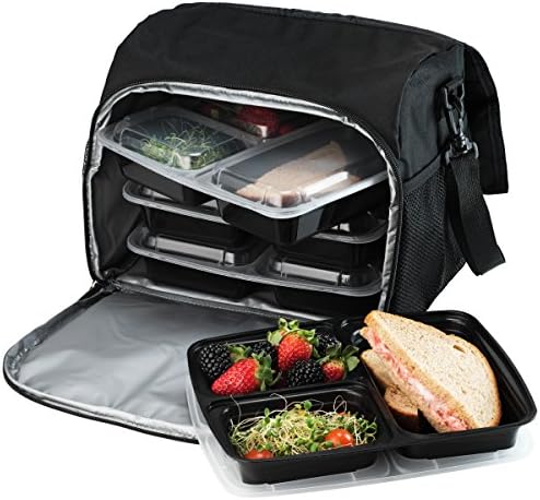 FamGo Meal Prep Lunch Bag-Lunch Boxes Insulated Cooler Kit, Zipper &amp; Buckle Closure, Matching Colored 3 Compartment Bento Lunch and Food Storage Container with Airtight Lid, 15 Piece - Black