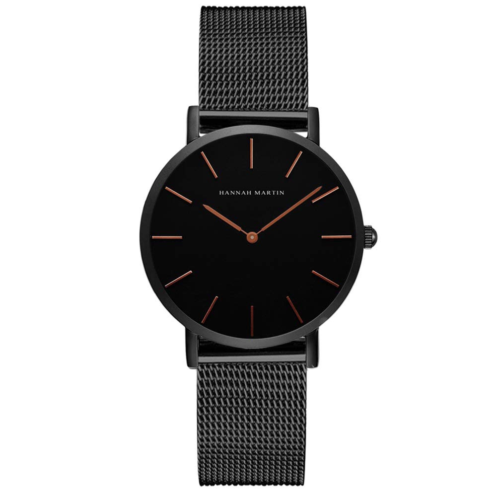 Hannah Martin Ultra Thin Stainless Steel Mesh Band Waterproof Quartz Women's Wrist Watch (Black Dial, Black Band 2)