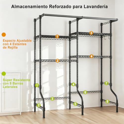 Kisfam Mueble para Lavadora y Secadora, Estante Organizador de Lavandería de 4 Niveles, Estructura Metálica Independiente con Tendedero, 170 cm Ancho x 50cm Fondo x 197 cm Alto