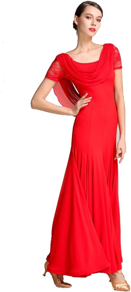 Women Special Neck Design Gauze Joint Lace Short Sleeves Long Hemline Ballroom Waltz Dresses for Foxtrot Flamenco Dance