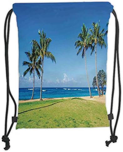 Custom Printed Drawstring Sack Backpacks Bags,Hawaiian Decorations,Coconut Palm Trees and Lawn on the Sandy Poipu Beach in Hawaii Kauai Picture,Blue Green Soft Satin,5 Liter Capacity,Adjustable String