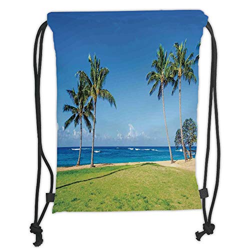 Custom Printed Drawstring Sack Backpacks Bags,Hawaiian Decorations,Coconut Palm Trees and Lawn on the Sandy Poipu Beach in Hawaii Kauai Picture,Blue Green Soft Satin,5 Liter Capacity,Adjustable String