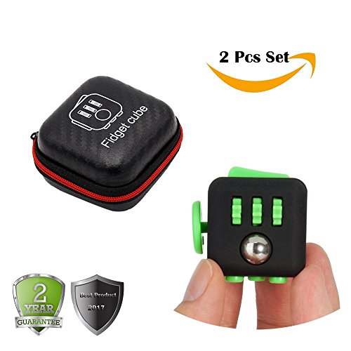 2 Pcs Fidget Cube for Stress and Anxiety with Protective Case Bumper Puzzle Cube for Stress Decompression Anxiety Focus ADHD Autism Adults Kids Students Gift (Black Green)