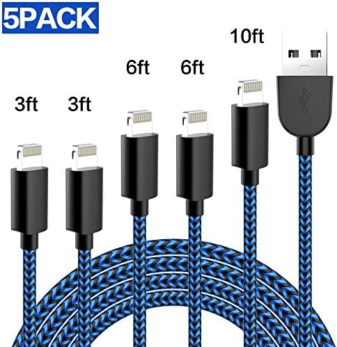 [5 Pack] iPhone Charger Extra Long Lightning Cable USB Charger Cord Nylon Braided 8 Pin Compatible with iPhone X/8/8 Plus/7/7 Plus/6/6 Plus/6S/6S Plus/5/5S/SE,iPad,iPod (Black and blue)