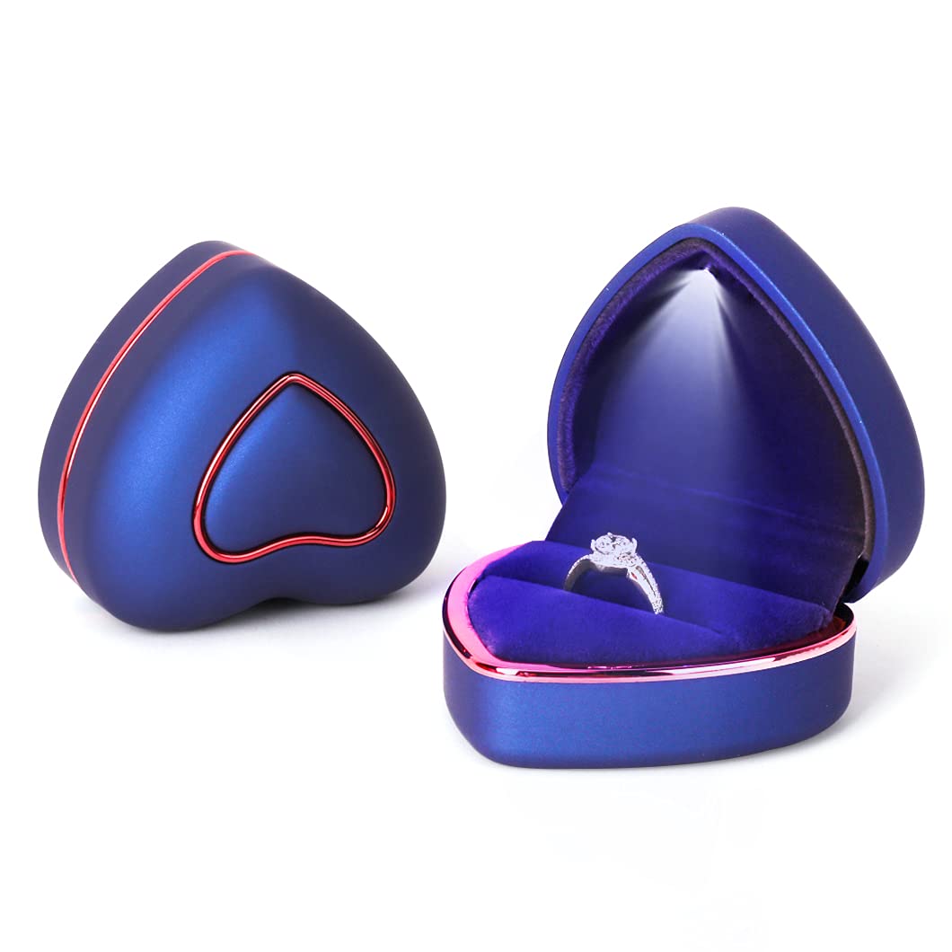 Rolin Roly Ring Box with LED Light Engagement Velvet Gift Rings Box Jewelry Displays Boxes Heart Shaped Ring Box for Proposal Weddings Birthday Anniversary (Royal Blue Heart Ring Box)