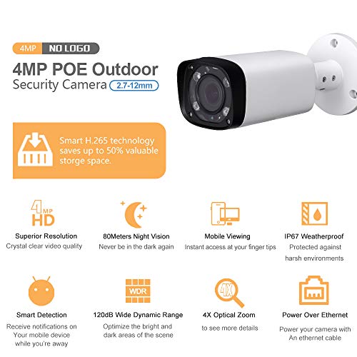 4MP Varifocal PoE IP Bullet Security Camera IPC-HFW4431R-Z 2.7mm~12mm VF Lens Motorized 4X Optical Zoom Outdoor Surveillance Camera,80m IR,Smart H.265,ONVIF,Waterproof,Compatible with Dahua Camera