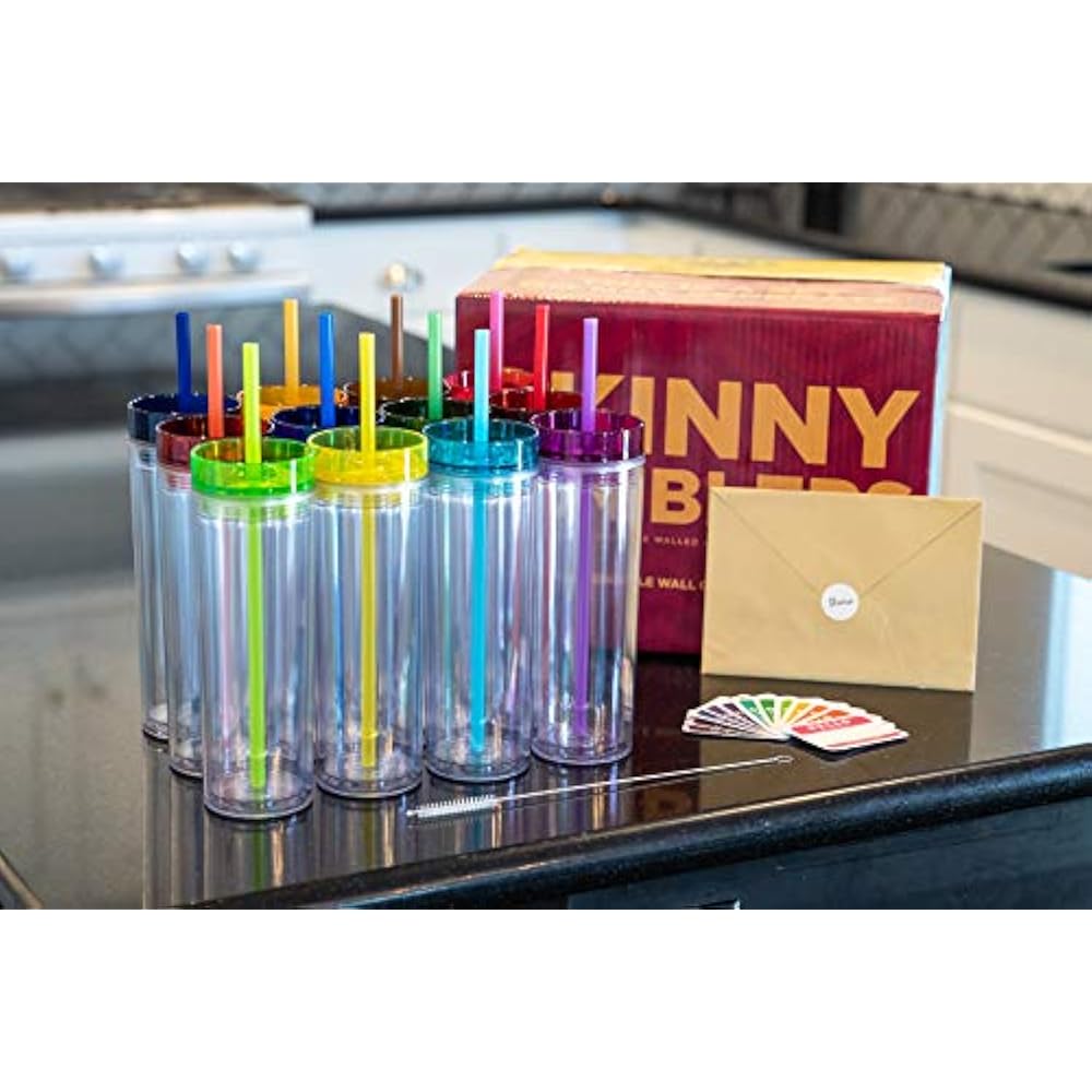 SKINNY TUMBLERS 12 Colored Acrylic Tumblers Lids Straws Skinny, 16oz