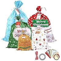 DIYASY 30 Pcs Christmas Gift Wrapping Bags,Bulk Plastic Holiday Treat Goodie Bags, with 30 Pcs Hanging Tag for New Year Party.