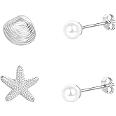 SILBERTALE S925 Sterling Silver Starfish & Shell & Pearl & Turtle Stud Earrings for Women Hypoallergenic Beach Jewelry, Summer Cartilage Earrings