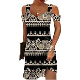 Summer Dresses for Women 2025 Cold Shoulder V Neck Vintage Print A-Line Dress Beach Vacation Boho Mini Sundress