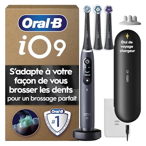Oral-B Brosse A Dents Electrique iO 9 Noire, 7 Modes De Brossage Dont Blancheur Et Soin Des Gencives, 16 Zones De Nettoyage, Ecran Interactif, 3 Brossettes Oral B De Rechange, Etui De Voyage, Carton