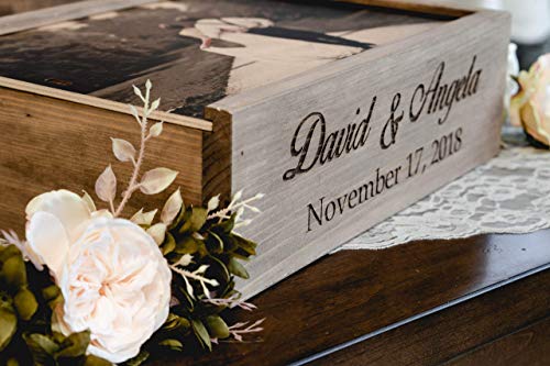 Personalized Wine and Letter Box Keepsake for Wedding Ceremony, Custom Photo on Wood Lid with First Names & Date Engraved on Side