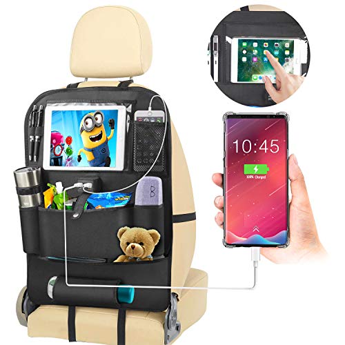 STOON Backseat Car Organizer, Car Seat Organizer with 4 USB Charge Ports & 11" Touch Screen Tablet Holder & 6 Storage Pockets, Back Seat Car Organizer for Kids, Road Travel Accessories Kick Mats