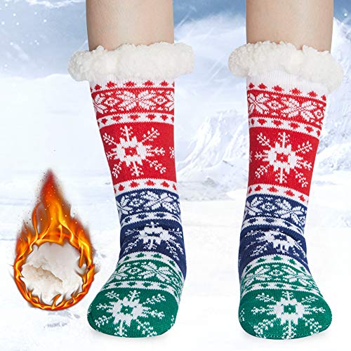 RAISEVERN garçons chaussettes noires chaussettes monochrome renne flocons de neige de renne Fuzzy Knit Lounge chaussettes avec des poignées doublées en molleton Sox pour cadeau de Noël