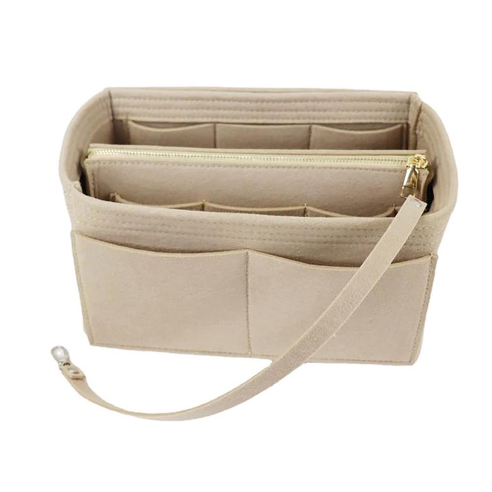 Handbag Organiser Insert, 2 in 1 Tote Bag Insert Organiser with Zipped Felt Multiple Handbag Purse with Detachable Bags and Key Chains for Woman Tote Bag Beige Medium