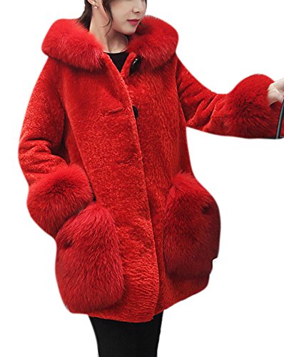 Women's Red Faux Fox Fur Collar Long Shearling Coat Warm Hoodie Jacket Outwear