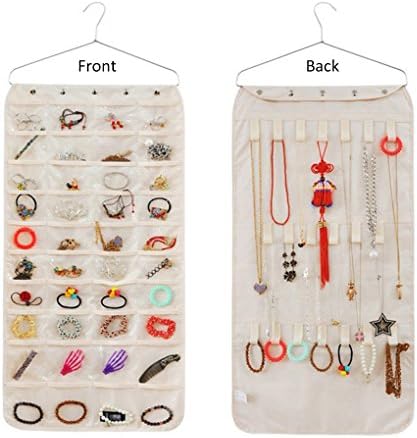 Easywin Double Sided Hanging Jewellery Storage Pockets Space Saving Necklace Bracelet Earrings Display Organizer Bag 40 Pockets &amp; 21 hook-and-loop (Beige)