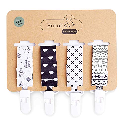 image for PUTSKA Pacifier Clips - 4 Pack Set of Unique Modern Design in Black an