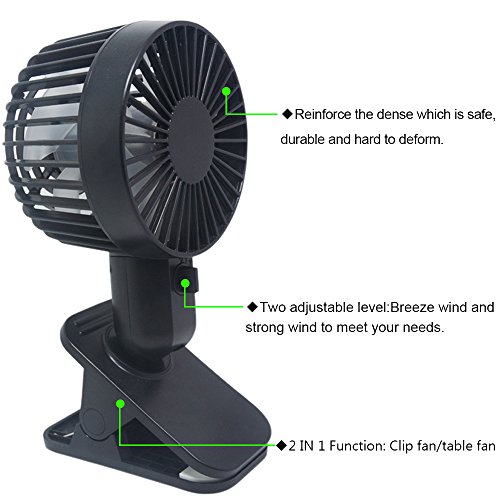 HOMCA Mini USB Clip Fan, Double-blade Design 2-Speed Personal Table Fan USB Powered by NetBook, MacBook, Power Bank and PC, 360 Degree Rotate Portable Fan Perfect for Stroller Home Office (Black)