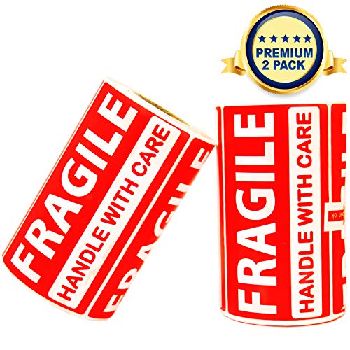 Fragile Stickers Handle with Care - 2 Rolls 500 Labels in Total - 3.5 x 2 inches - Warning Sticker Tags for Shipping, Moving Boxes, Luggage, Glass, Suitcases - Tag Label (Fragile 2 Pack)