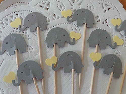 Grey Elephant Cupcake Toppers Holding Light Yellow Hearts - Elephant and Hearts Food Picks - Yellow and Gray Elephants - Party Picks - Baby Shower Appetizer Picks - Gender Neutral Shower - (Set of 24)