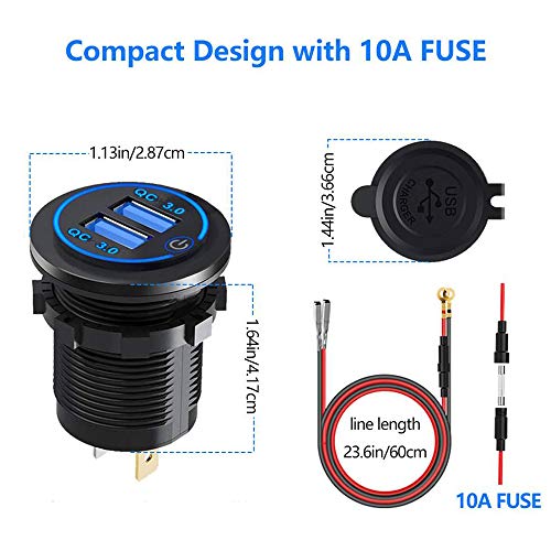 Thlevel Dual QC3.0 USB Charger Socket, Dual 5V/4.2A USB Car Charger Power Outlet with Switch for 12V/24V Car, Boats and Marine, Motorcycle, Truck, SUV, UTV