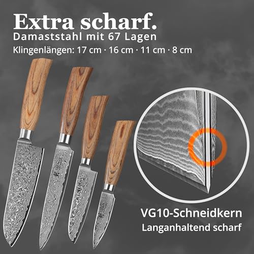 Wakoli EDIB Pro 4-Piece Kitchen Knife Set Made of Damascus Steel (VG10 Core) in Elegant Gift Box - Sharp Damascus Knife Set with Pakka Wood Handles - Knife Set with 2 x Santoku, Meat Knife & Office Knives