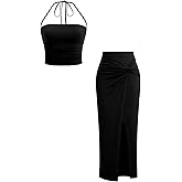 Verdusa Women's 2 Piece Vacation Outfits Ruched Crop Halter Top with Slit Bodycon Long Skirt Going Out Sets