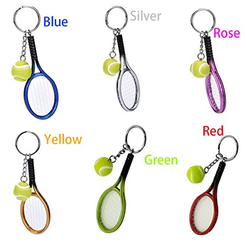 Pakala66 Sport Style Tennis Ball Key Chain Key Ring 6 Color Set Best Gift for Sports Lovers (Tennis Ball & Racket Key Chain)