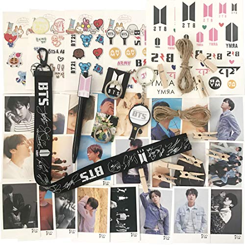 BTS Gifts Set for Army - 32Pcs BTS Lomo Cards/2 BTS Phone Ring Holder/ 1 BTS Lanyard/ 1 BTS Keychain/ 1 BTS Pen/ 4 BTS 3D Stickers/ 2 BTS Tattoo Stickers