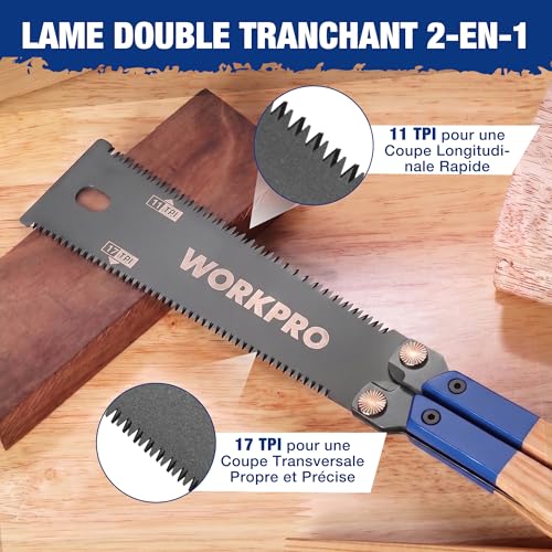 WORKPRO Japanese Folding Saw 310mm, Double Sided Pulling Saw 11/17 TPI | SK5 Flexible Steel Blade, Beech Wood Non-Slip Handle, Precise Wood Saw for Carpentry, Gardening and Camping