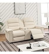 MELLCOM Linen Reclining Console Loveseat, Upholstered Sofa Recliner Chair, Manual Reclining Home ...