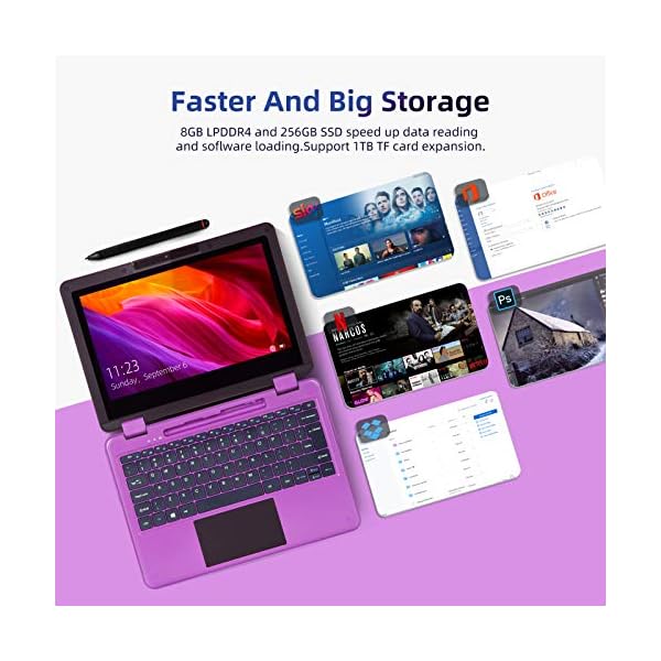 AWOW 11.6" Laptop, 2 in 1 Windows 10 Laptop, FHD Kids Laptop, Intel 4 Core Celeron N4120, 6GB RAM 256GB M.2 SSD, Touch Screen Laptop with Stylus, Purple