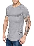 Enjoybuy Short Sleeve Hipster Hip Hop Basic Curved Hem Ripped Tops T-shirt with Holes,Gray,X-Large