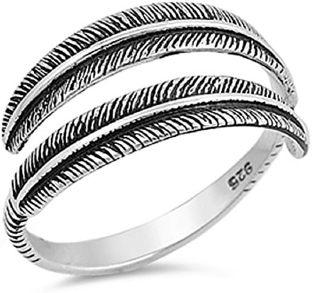 925 Sterling Silver Antiqued Feather Oxidized Open Designer Ring (10)