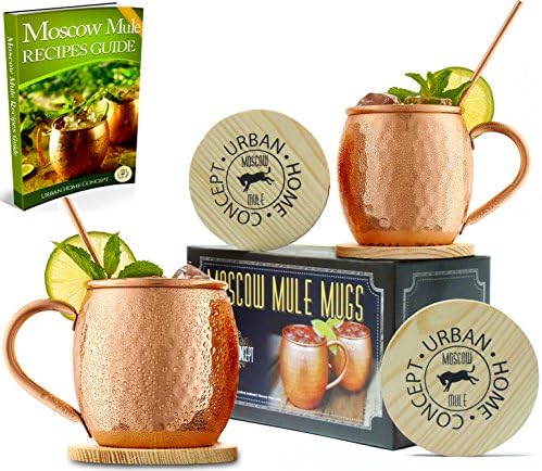 Moscow Mule Gift Set - Mule Mugs Made of 100% Pure Copper - Moscow Mule Mug Set INCLUDES Copper Straws, Coasters, &amp; Moscow Mule Recipe EBook - Copper Cups Make Great Gifts