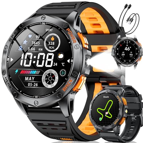 LIGE Men's GPS Smartwatch, Compass/Altitude/Barometer, Torch, AMOLED 1.43 Inch Military Smart Watch with Bluetooth Calls, Height/Pressure Monitoring and 170 Sport Modes for Android iOS, DM1-H
